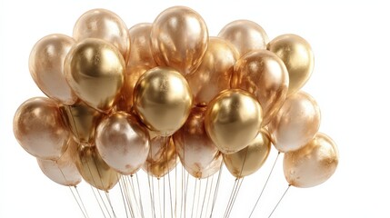 Golden balloons in a group on white background for celebrations and events, perfect for various festive occasions without any distractions or other elements present