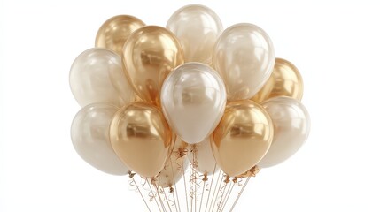 Golden balloons in a group on white background for celebrations and events, perfect for various festive occasions without any distractions or other elements present