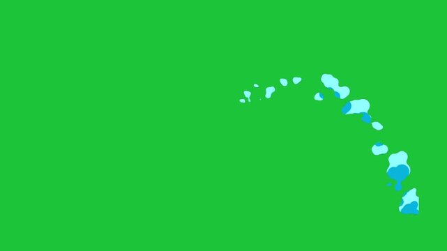 Cartoon water trail splash animation on green screen, blue liquid stream with bubbles and droplets flowing smoothly, playful effect for motion graphics and VFX