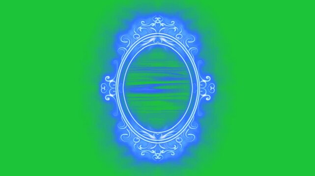 Glowing magical oval frame animation on green screen, ornate blue energy border with swirling light, fantasy portal effect for titles, VFX, transitions