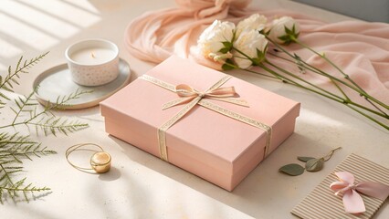 Elegant pink gift box with a silk ribbon next to fresh roses and a candle for romantic celebrations and feminine branding concepts. AI generated