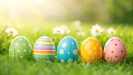 Colorful easter eggs in a lush garden