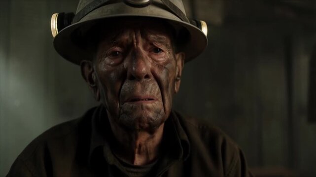 Cinematic close-up elderly coal miner dirty, coal-streaked face flickering helmet light, sitting dimly lit locker room long day mining, dramatic shadows face, realistic sweat dust, ambient mine sounds