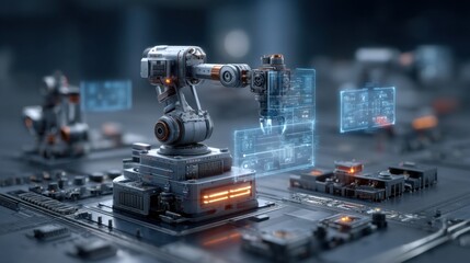 Futuristic robotic machine operating with precision, featuring glowing elements and advanced technology in a high-tech environment