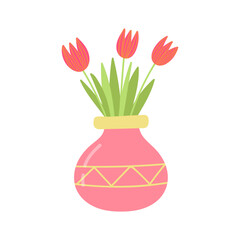 Cute vase with tulips illustration in cartoon style
