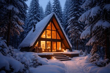 A Snowy Cabin in the Woods at Dusk with Warm Lighting