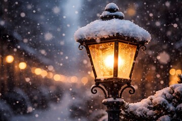 Snow-covered street lamp glowing warmly amidst falling snowflakes in a serene winter landscape at dusk
