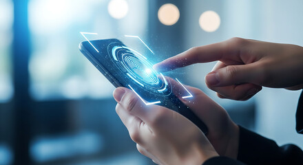 Close-up of a person's thumb pressing a button on a modern smartphone screen with a digital fingerprint scanner glowing in the center