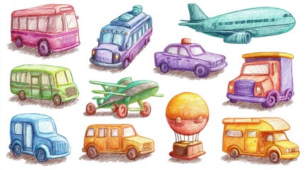 Diverse colorful hand-drawn vehicles and transport icons