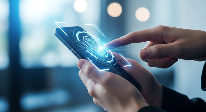 Close-up of a person's thumb pressing a button on a modern smartphone screen with a digital fingerprint scanner glowing in the center - Powered by Adobe