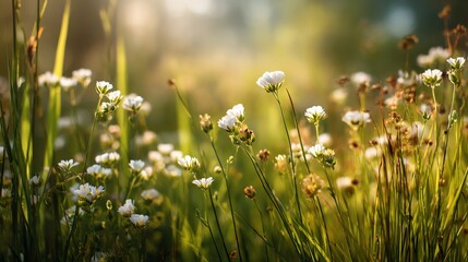 Obraz premium A serene landscape filled with delicate wildflowers gently swaying in the breeze, basking in the warm sunlight, creating a peaceful and picturesque scene of nature's beauty.