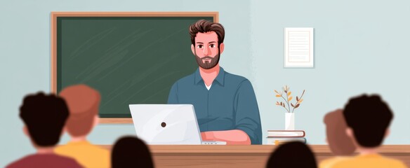 the instructor hosts a virtual lesson with a notebook computer