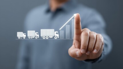 Business Concept with Person Touching Digital Graphic of Trucks and Growth Chart, Representing Analytics and Logistics Progress