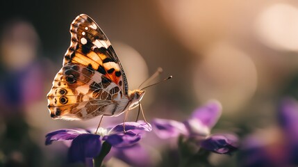 Obraz premium A stunning butterfly perched delicately on a vibrant flower. The intricate patterns of its wings stand out against the soft hues of nature, symbolizing beauty and transformation.
