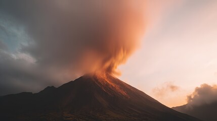 Fototapeta premium erupting. A powerful volcano erupting with lava and ash against the sky. ESG reports, sustainability campaigns, designed for sustainability communications and ESG reporting.