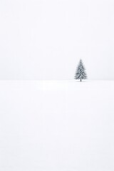 A serene winter landscape featuring a single tree in a snow-covered field viewed from a distance