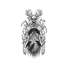 Grim dark fantasy engraving of an undead druid spirit with a deer skull head, antlers, and ravens, entwined with thorny vines and scythes.