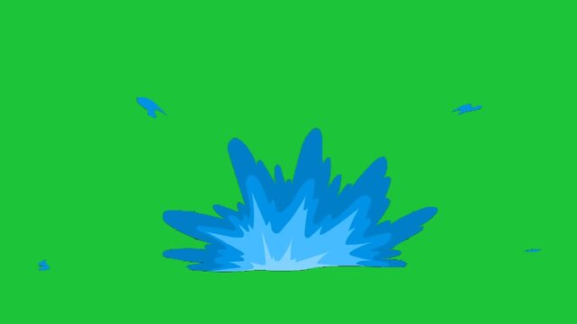 Cartoon blue water splash eruption with scattered droplets animation on green screen chroma key background, seamless loop for impact effects