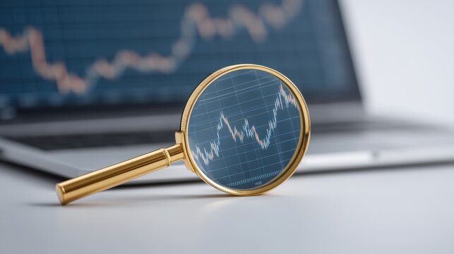 Glass focus on rising financial graph symbolizing growth and investment trends over digital screen showing data analysis and stock market performance. - Powered by Adobe
