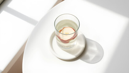 Minimalist white table setting with a clear beverage and glass apple slices inside, with shadows from window light 2