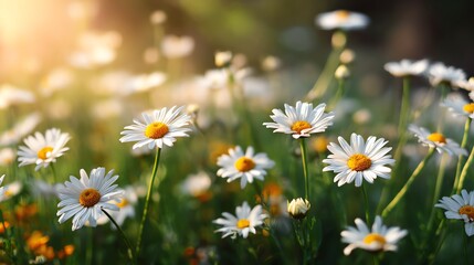 Fototapeta premium A vibrant field of daisies in full bloom, showcasing their white petals and yellow centers under the warm sunlight, evoking feelings of peace and natural beauty in a serene landsca