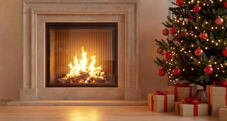 Cozy Christmas living room interior with a warm fireplace, decorated Christmas tree and wrapped gift boxes. Festive winter home atmosphere with soft lights and holiday decor. Perfect for Christmas