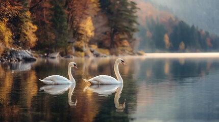Two elegant swans glide across a serene lake surrounded by vibrant autumn foliage, reflecting their beauty on the calm water, creating a peaceful and picturesque scene.