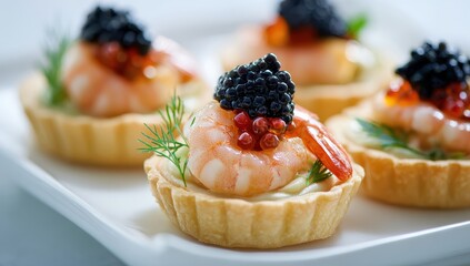 Exquisite Shrimp and Black Caviar Mini Tarts with Dill, Gourmet Appetizers on White Plate.