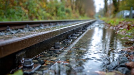 Medium shot of a weatherresistant railway track with water pooling gently nearby highlighting flood mitigation design features amidst blurred natural surroundings.