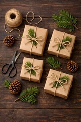A wooden table with gift boxes, pine branches, and crafting tools arranged neatly for a cozy holiday preparation scene