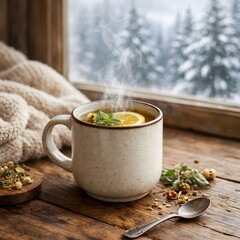 A soothing cup of herbal tea on a wooden table by the window with a snowy landscape outside