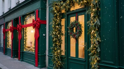 Decorated Christmas tree with gifts in snowy European shopping street