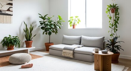 Modern Living Room Interior with Plants and Sofa.
