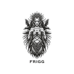 Grim dark fantasy engraving of the Norse goddess Frigg, depicted as a mystical spirit with a spiked halo, surrounded by ravens and thorny branches.