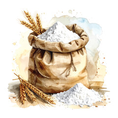 Watercolor sack of flour with wheat ears and spilled flour grain vector illutrastion transparent background
