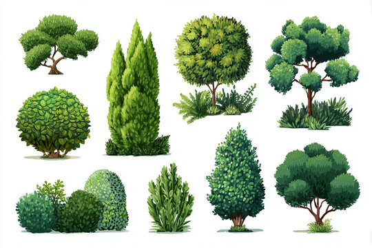 Manicured Topiary Trees and Garden Shrubs Design Set