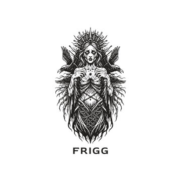 Grim dark fantasy engraving of the Norse goddess Frigg, depicted as a mystical spirit with a spiked halo, surrounded by ravens and thorny branches.
