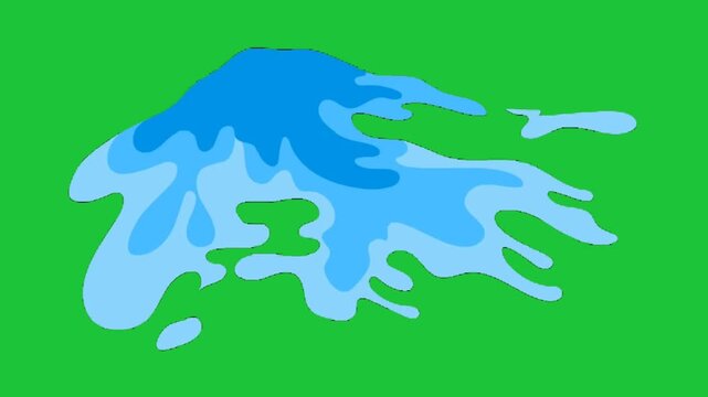 Cartoon blue water spill spreading animation on green screen chroma key background, seamless loop for liquid or flood effects