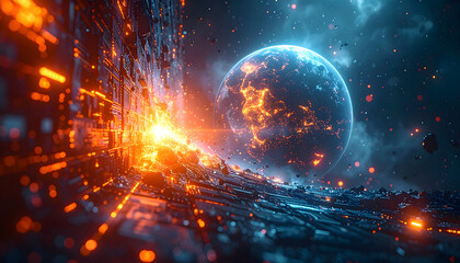 Cosmic planet with digital circuit landscape and glowing energy explosion for futuristic tech world