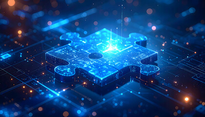 Digital puzzle piece with glowing circuit elements for technology integration and innovation concept