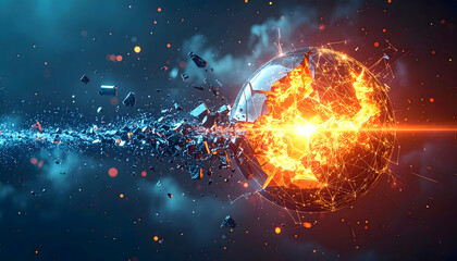 Spherical futuristic object shattering into fragments with glowing core for digital energy explosion