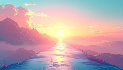 Surreal landscape with reflective glass pathway to sunset horizon between mountains for journey concept