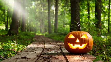 Illuminated Jack-o'-lantern sits on wooden planks path in woodland clearing surrounded by lush green foliage, lit by a bright sunbeam.