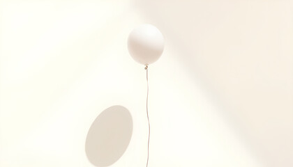 Minimalist scene with one floating pearl balloon casting shadow on soft cream background, modern elegance and simplicity