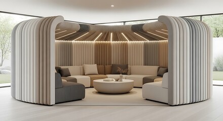Modern living room with curved furniture.