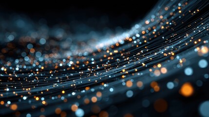 Quantum data flow concept showcases future technology with digital elements and glowing particles in a tech-inspired landscape