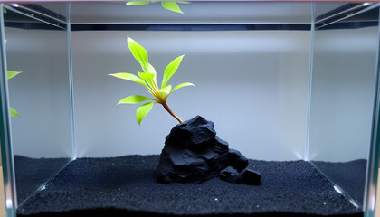 Minimalist nano aquarium with one floating plant, small lava rock, fine black sand, 3-gallon size, top-down perspective, tranquil compact setup