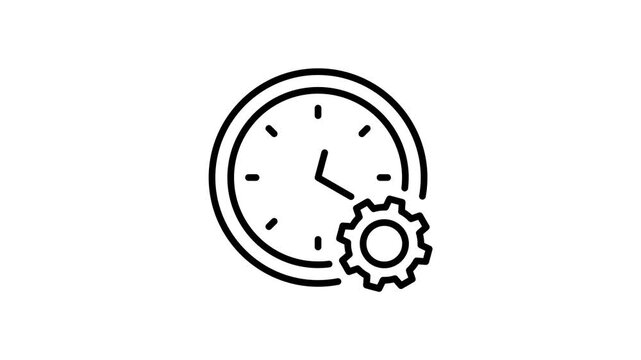 Animated time management line icon with moving hour and minute hands on a clock, featuring a rotating gear animation. Outline style on a white background in 4K resolution.