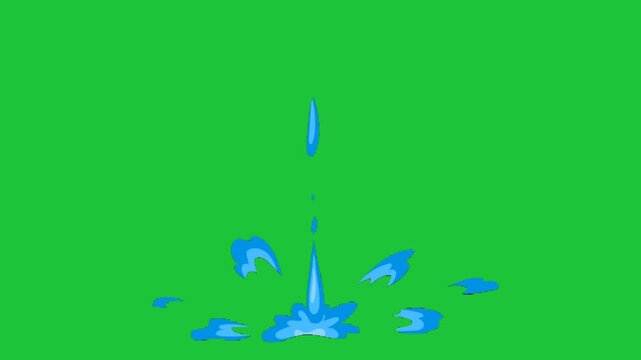 Cartoon blue water drop falls from above, impacts and creates big splash with droplets on green screen chroma key animation