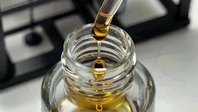Luxury 4K macro footage of natural cosmetic oil dripping slowly from glass pipette into clear jar representing skincare treatment eyelashes eyebrows facial beauty 